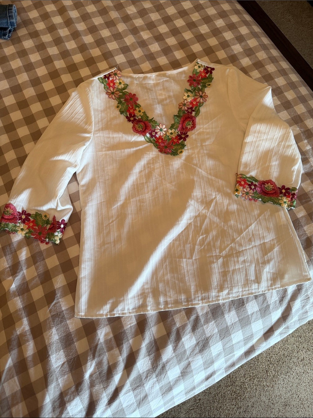 SHEIN White V-Neck Tunic with Pink & Green Floral Embroidery